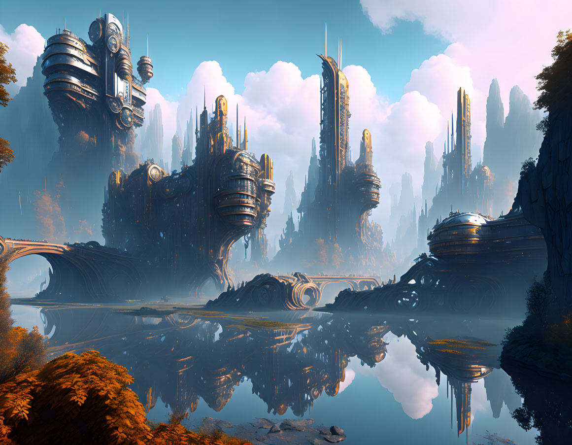 Futuristic skyscrapers in serene landscape with rock formations