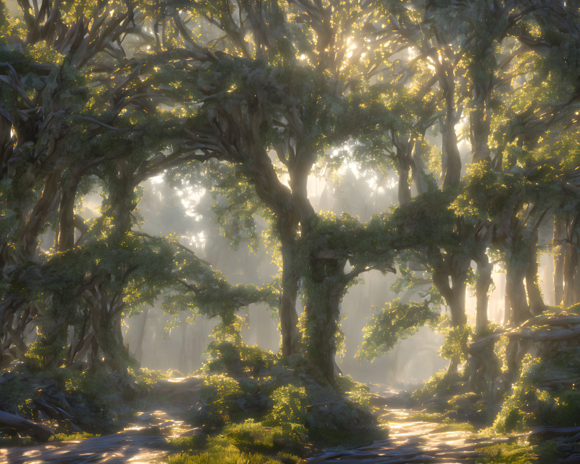 Sunlit mystical forest with dense foliage and twisting tree trunks