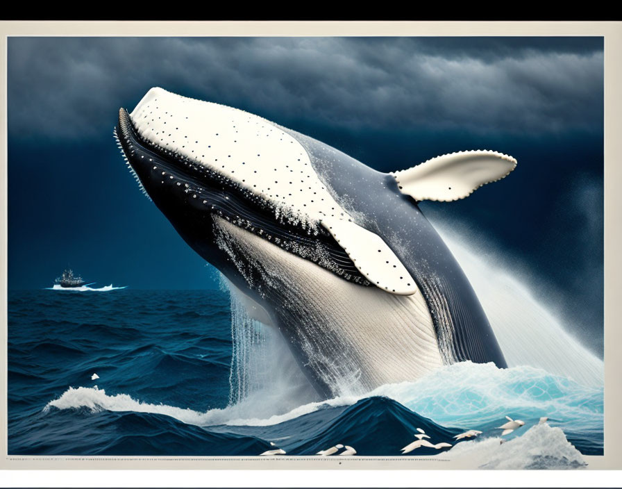 Majestic humpback whale breaching stormy ocean scene