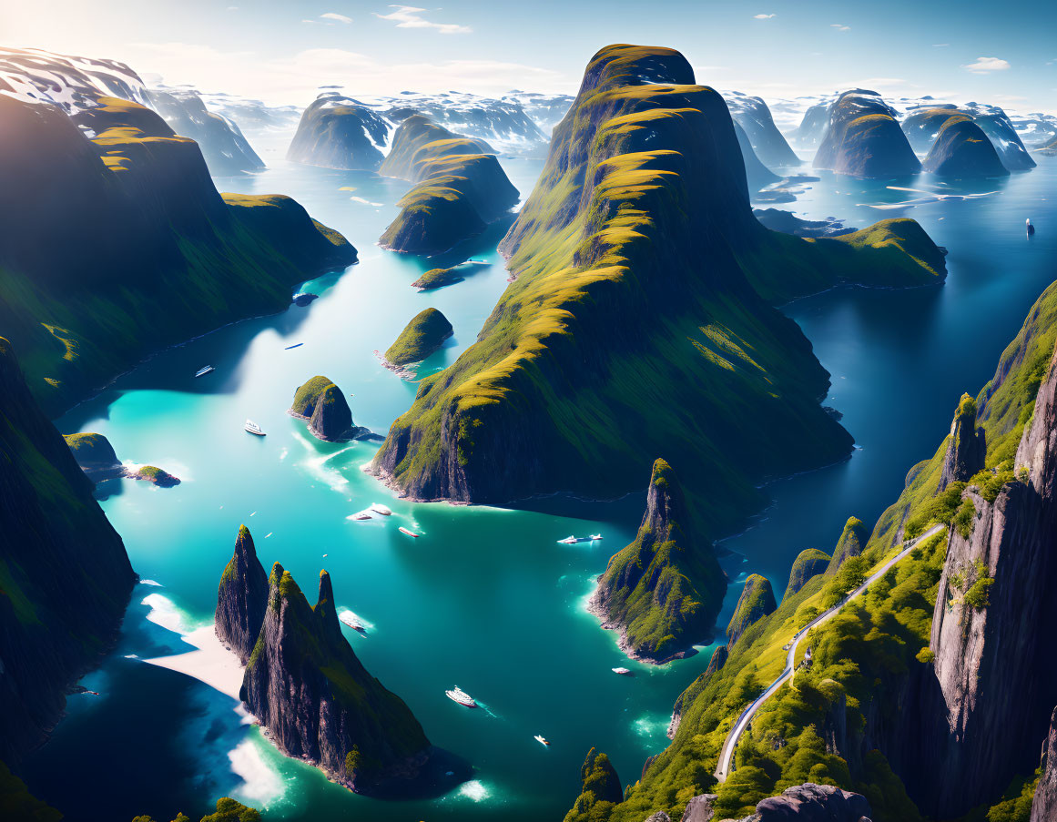 Majestic digital landscape: towering cliffs, azure waters, boats, sinuous rivers