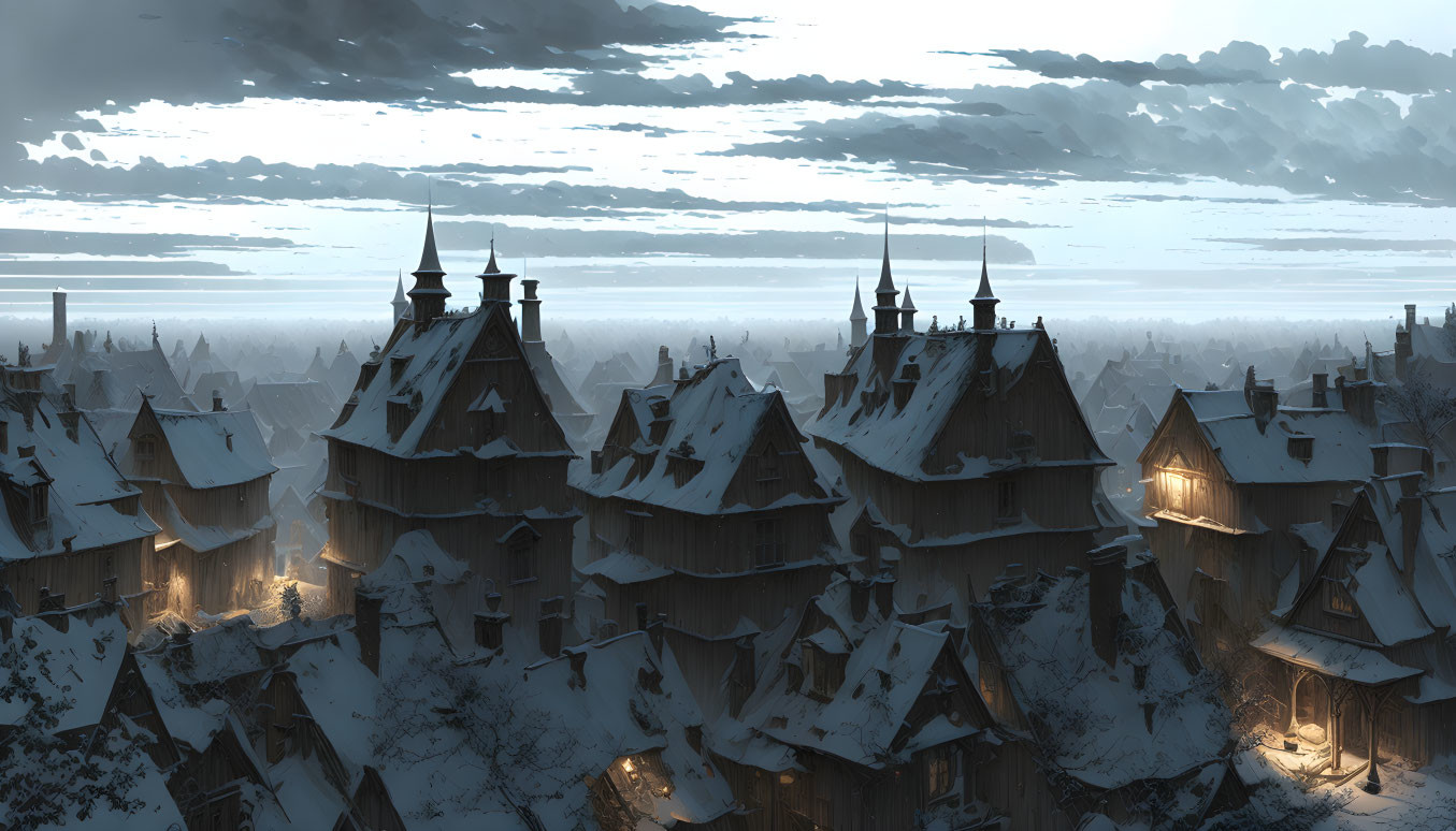 Medieval village in snow at dusk with warm windows and towering clouds