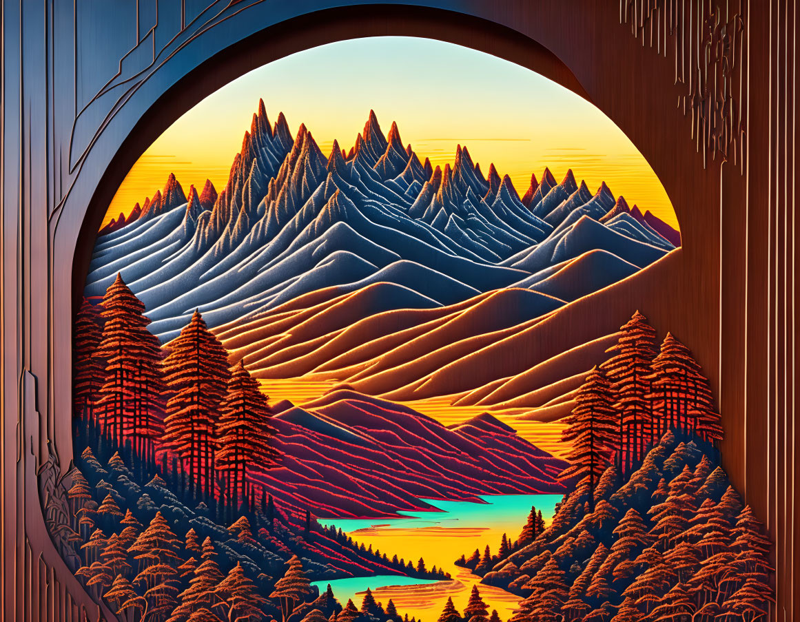 Mountainous Sunset Landscape with Coniferous Forests and River View through Archway