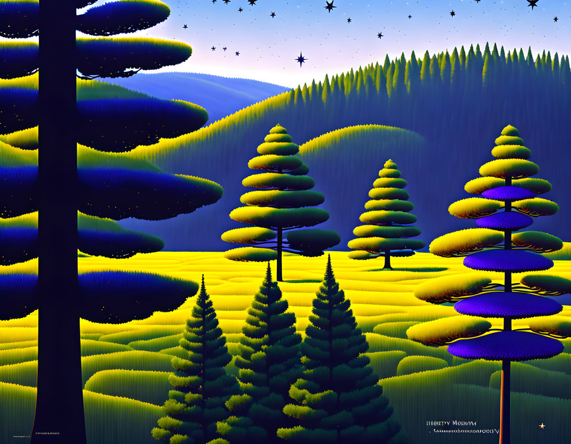 Layered Hills and Luminous Trees: Nighttime Landscape with Moon and Stars