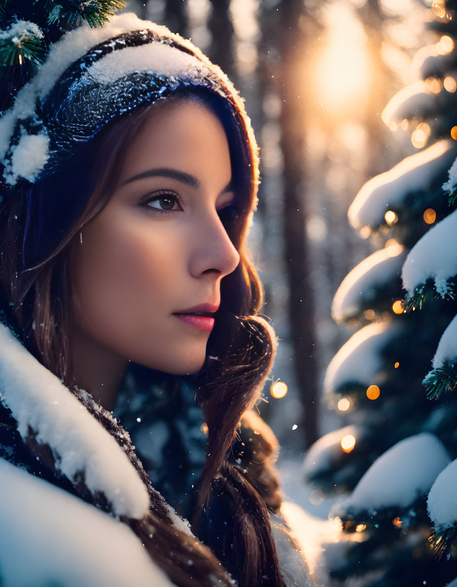 Woman in snowy forest with snowflakes, sunlight, and bokeh.