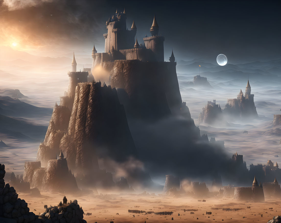 Fantastical landscape with towering castles, eclipsed moon, and glowing sun