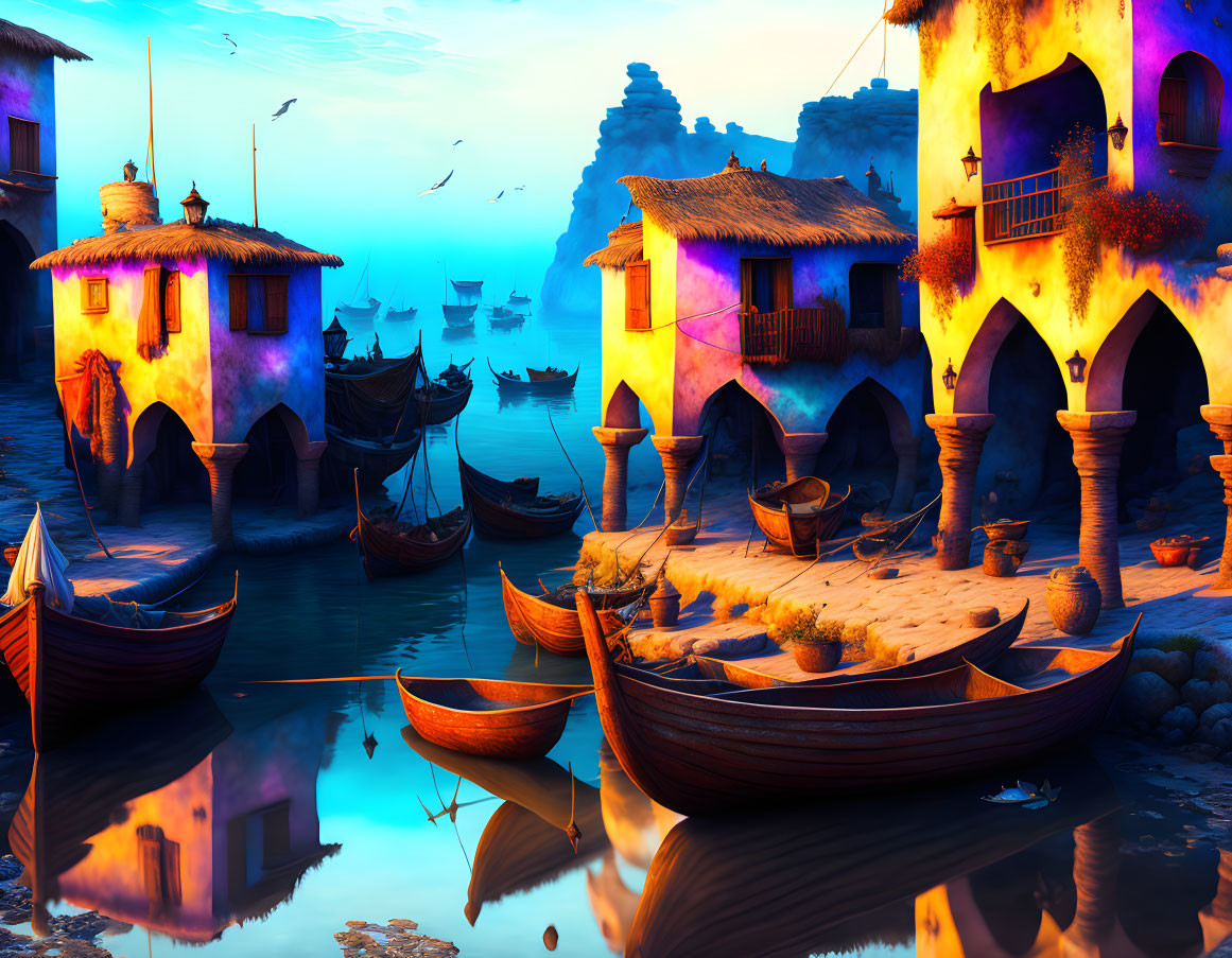 Vibrant coastal village scene at sunset with traditional boats, birds, and warm glowing lights.