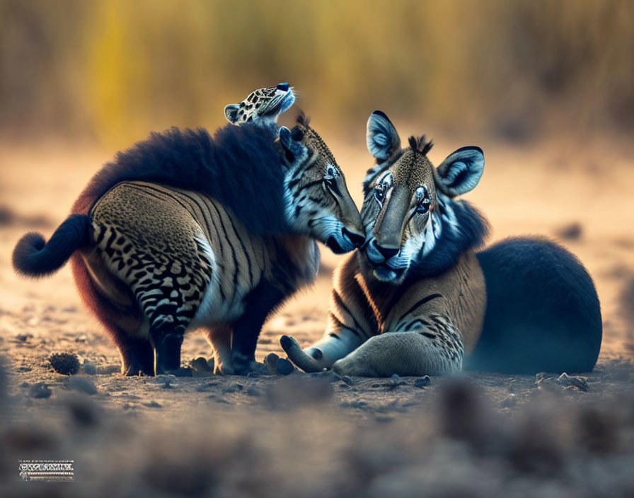 Black and white antelopes with leopard cub in serene dusk setting