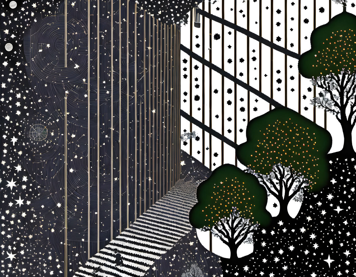 Monochrome digital landscape with star patterns, trees, staircase, and geometrical shapes in the night sky