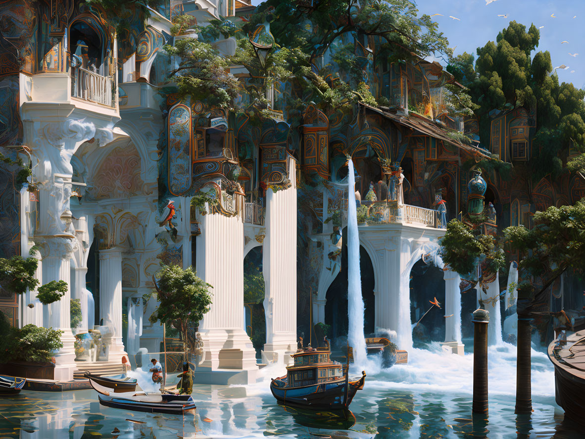 Fantasy Venetian-like cityscape with ornate buildings, gondolas, waterfalls,