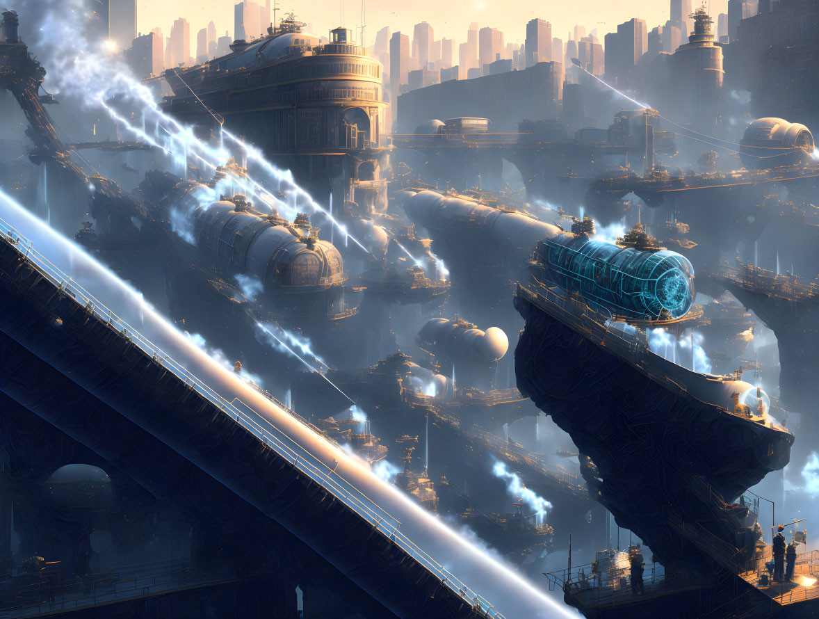 Futuristic cityscape with floating structures and light beams at twilight