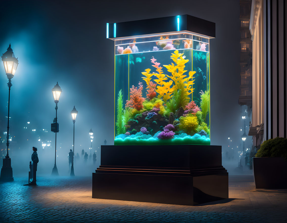 Vibrant urban street aquarium with colorful fish, plants, and solitary observer at night.