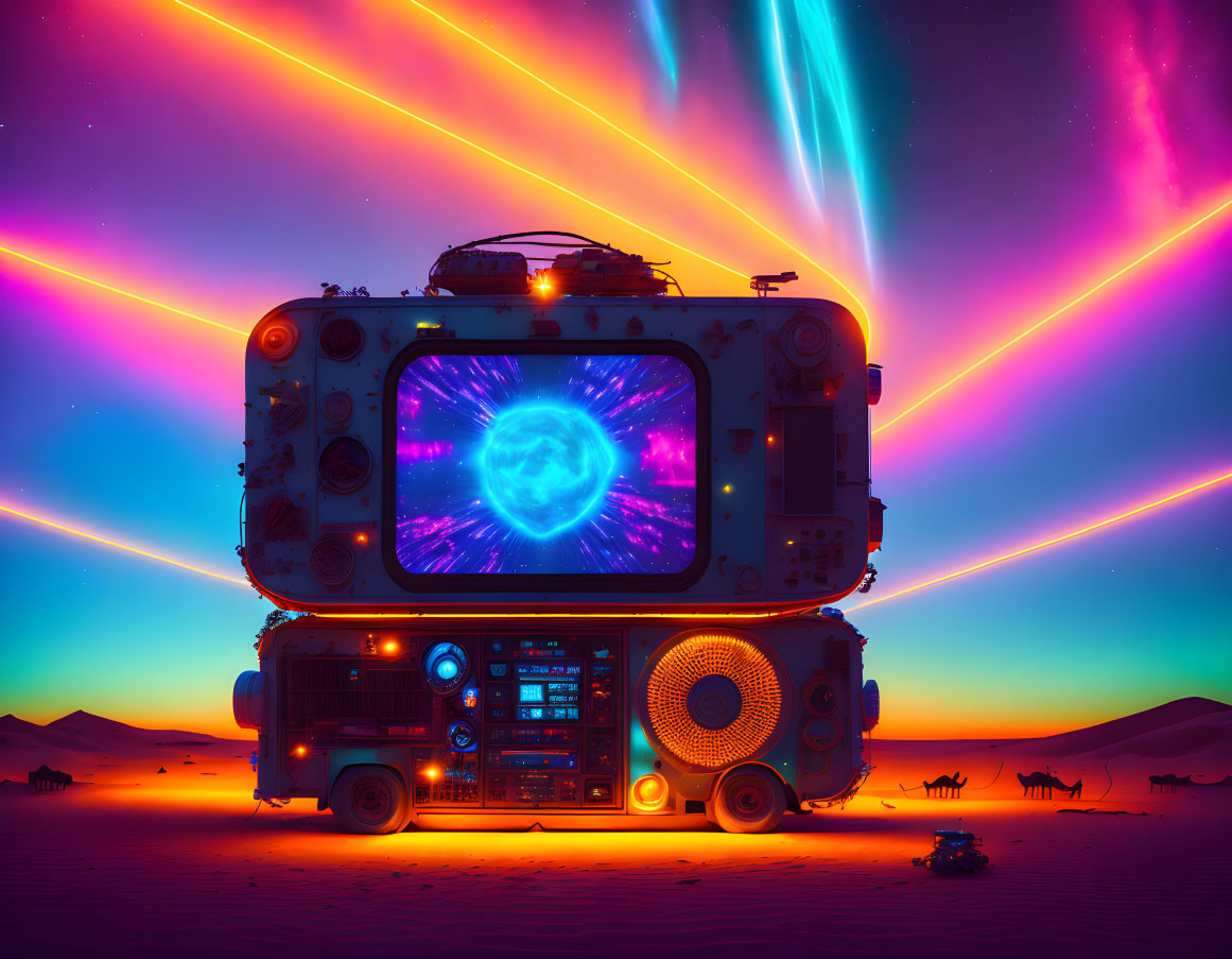 Futuristic boombox with holographic display in desert with vibrant aurora-like light beams