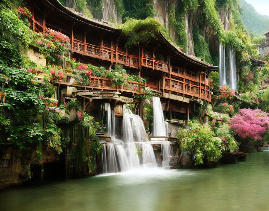 Wooden multi-level structure on lush cliff with waterfalls and vibrant flora by serene water.