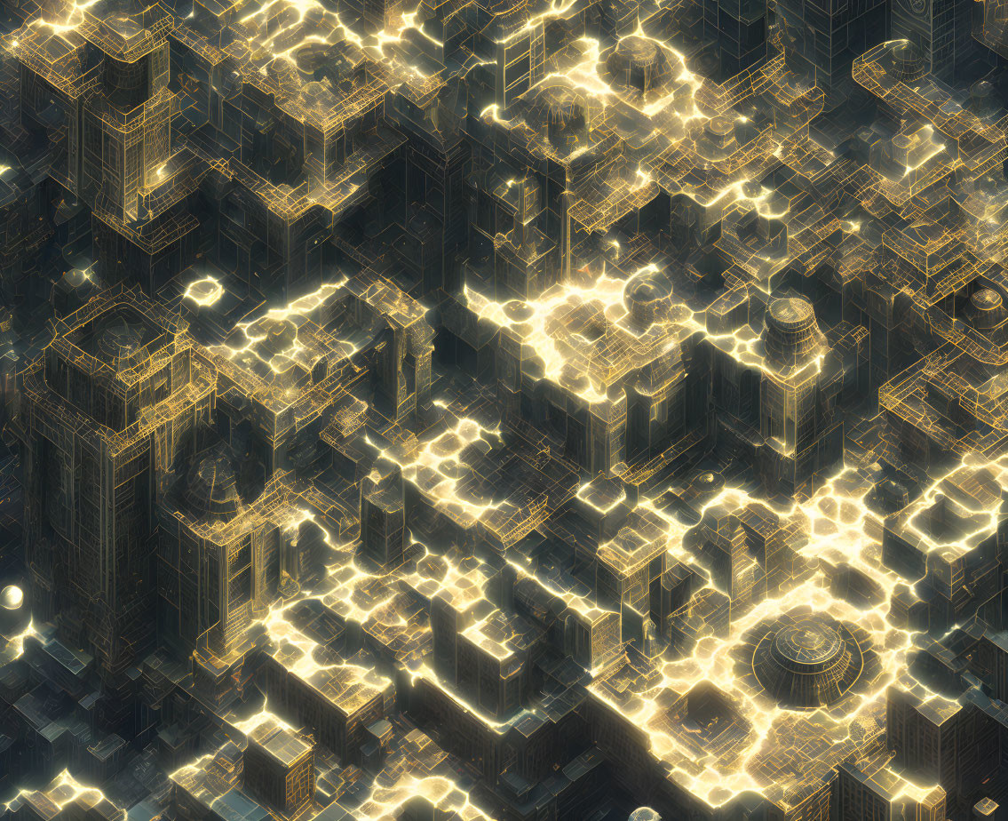 Futuristic glowing cityscape with illuminated circuit-like patterns