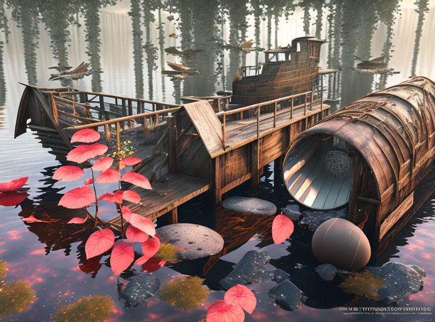 Tranquil digital artwork: wooden watermill by calm lake, pink lily pads, forest ambiance