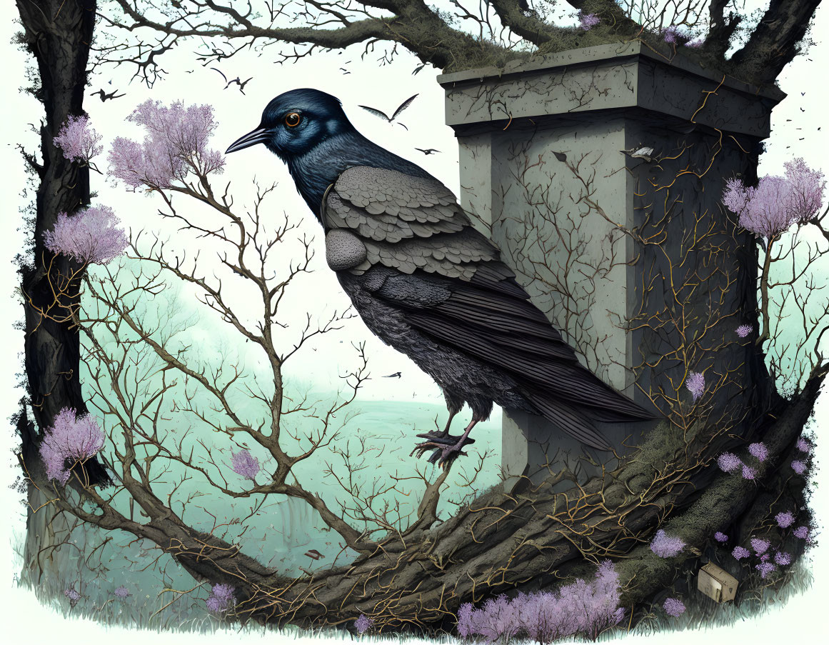 Colossal raven on tree branch with classical columns and purple flowers