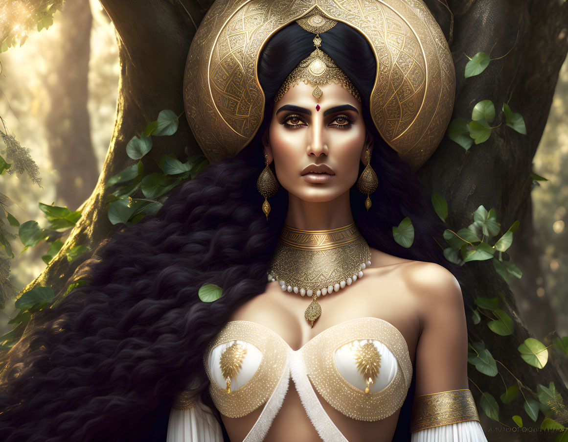 Digital Artwork: Woman with Dark Hair and Golden Jewelry in Forest Setting