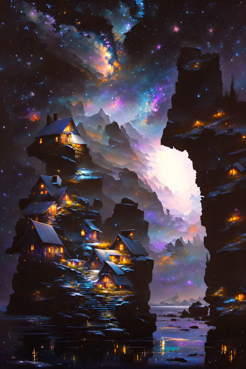 Night scene of illuminated houses on rocky cliffs under starry sky