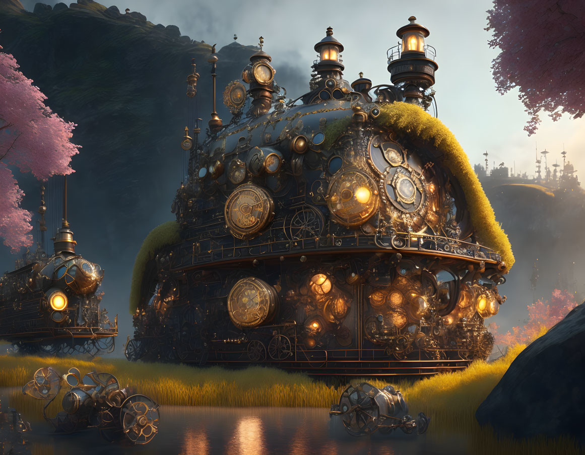 Steampunk structure with domed roofs in mystical landscape