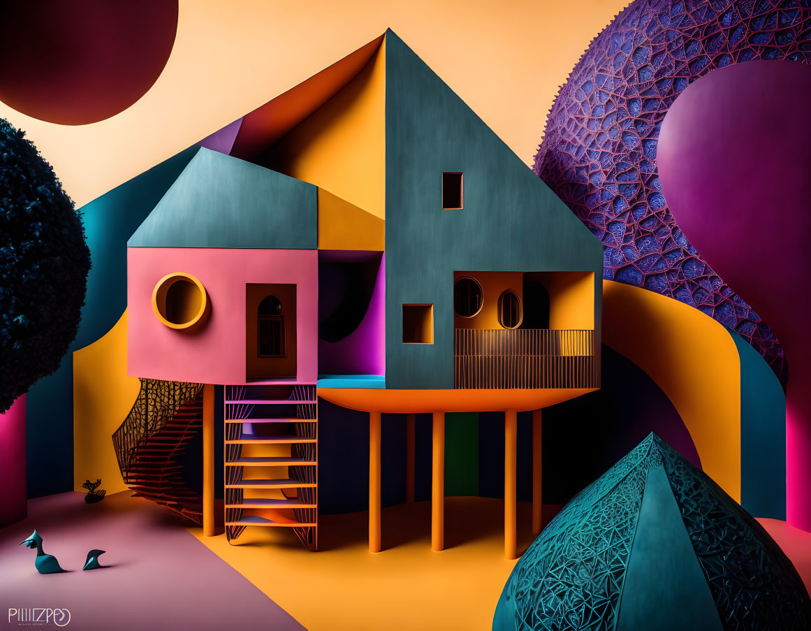 Colorful geometric landscape with whimsical elements