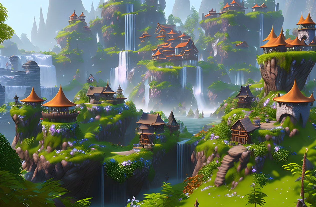 Tranquil fantasy landscape with waterfalls, traditional buildings, greenery, and bridges.