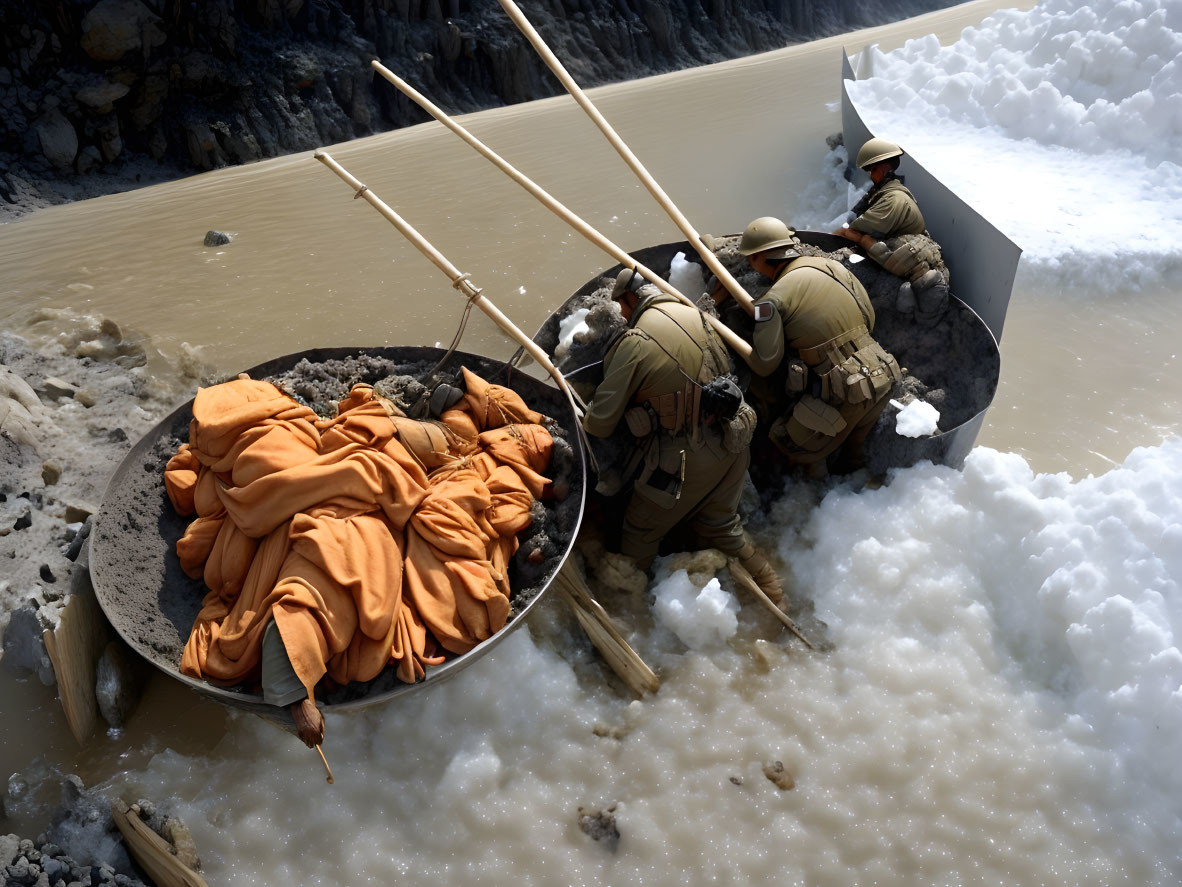 Military soldiers in uniforms crossing rough river with people in orange blankets.