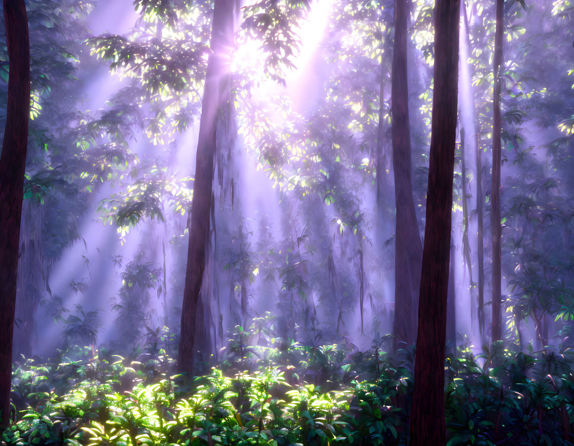 Misty forest with tall trees and purple sunlight glow