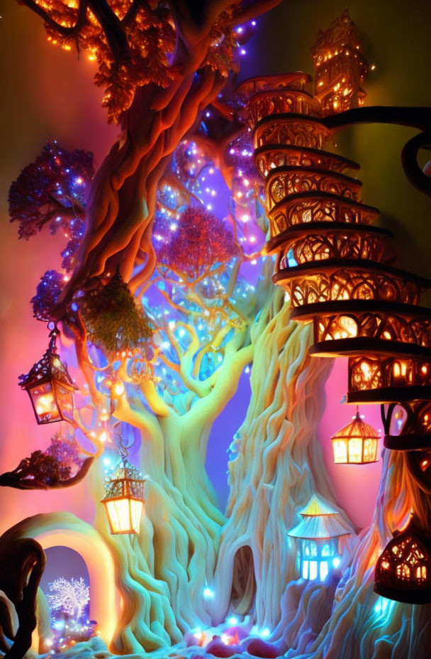 Enchanting tree with winding stairs and illuminated lanterns in multicolored fantasy setting