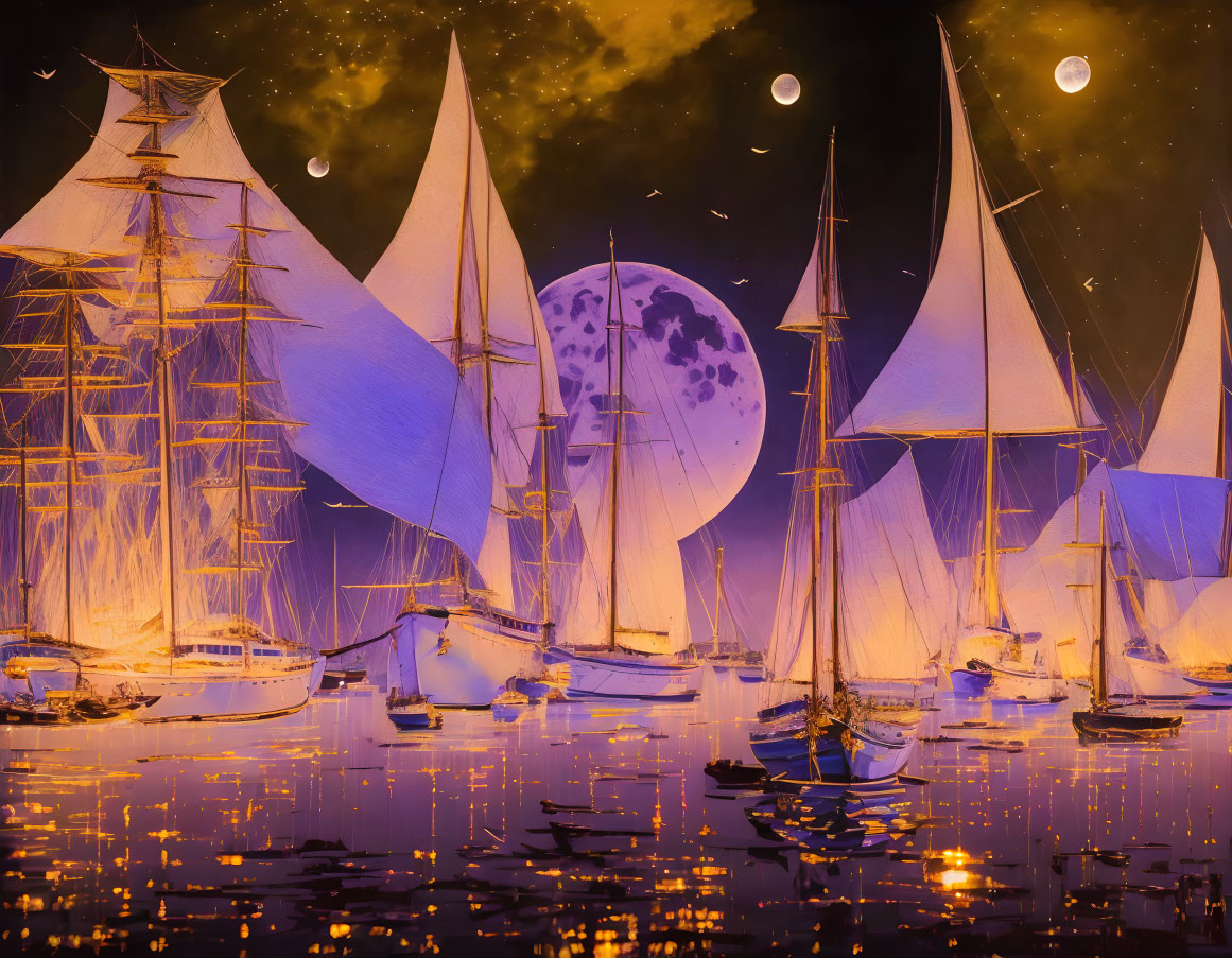 Multiple moons and stars illuminate sailboats on calm water at night