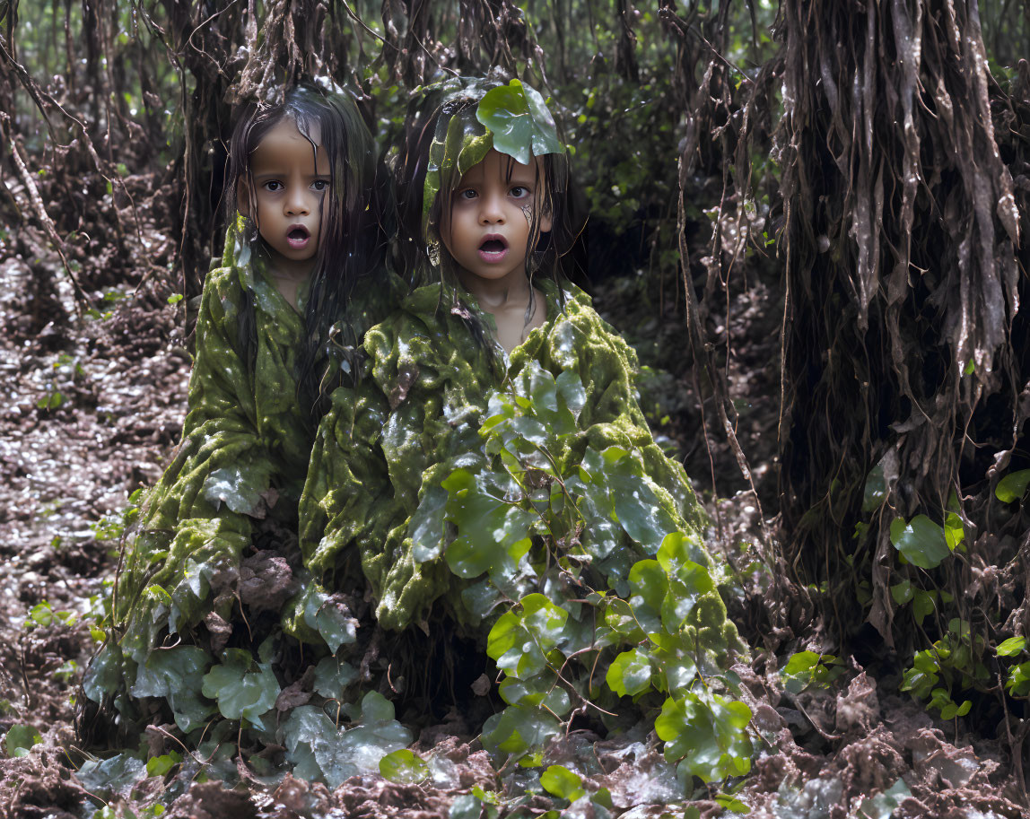 Children camouflaged with leaves peeking behind a tree in a forest