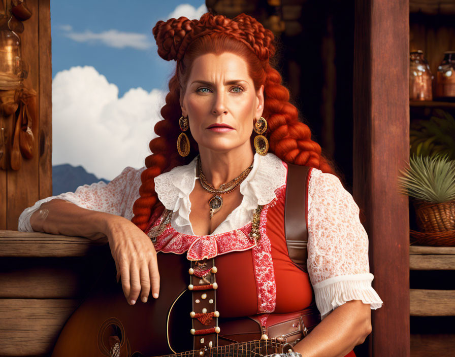 Red-haired woman in braids wears traditional dress and leans on guitar