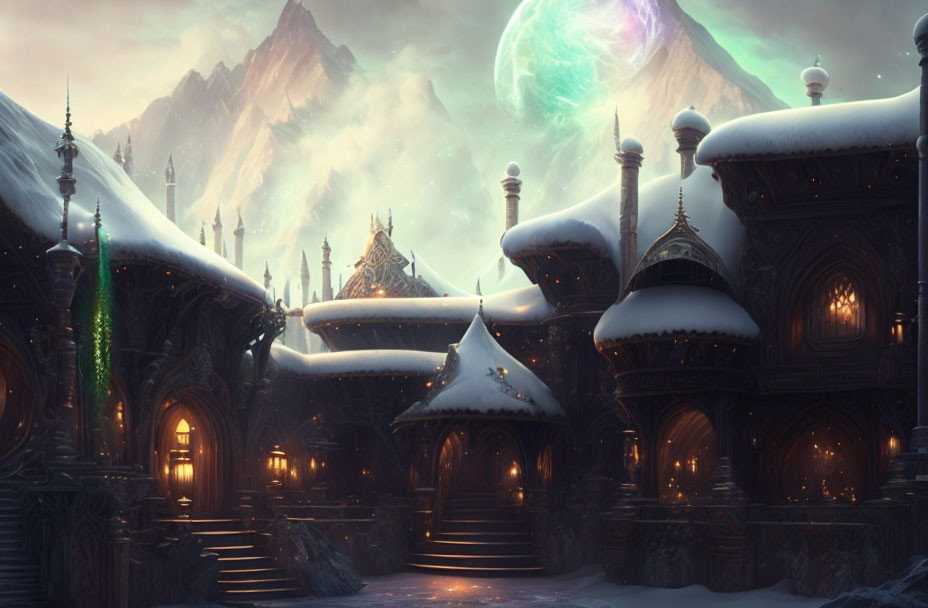 Snowy Fantasy Village with Ornate Buildings Under Green Night Sky