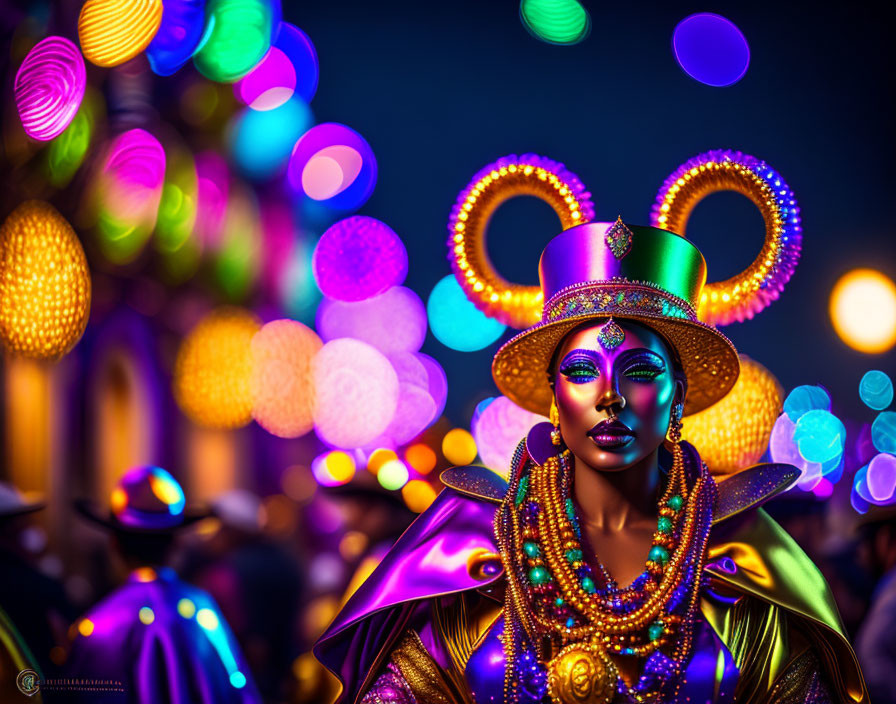 Colorful Harlequin Costume Person in Carnival Scene with Bokeh Lights