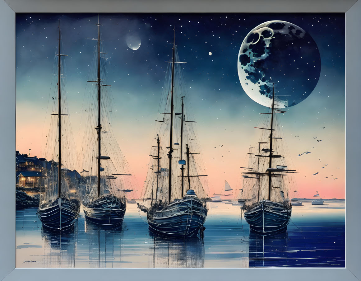 Twilight scene: sailboats, moon, stars, birds, coastal town silhouette