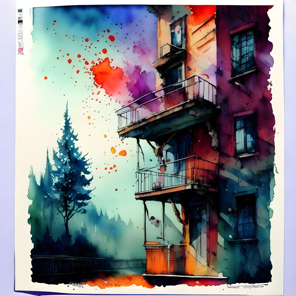 Colorful watercolor painting of whimsical building with balcony and pine tree.