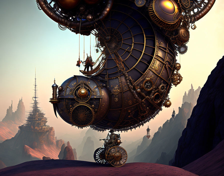 Steampunk airship with gears floating over desert at dusk