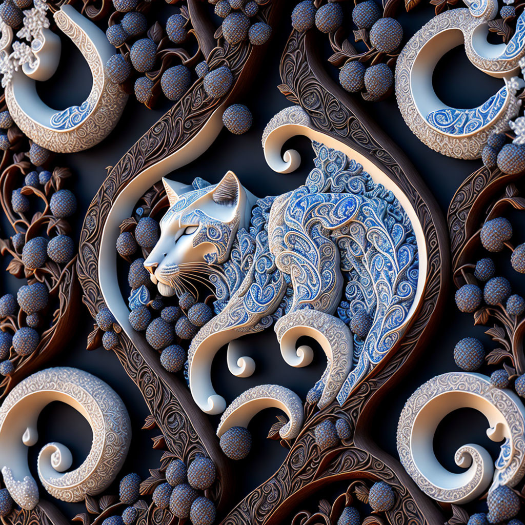 Detailed Fractal Art: Paisley-Patterned Cat in Blue and Brown