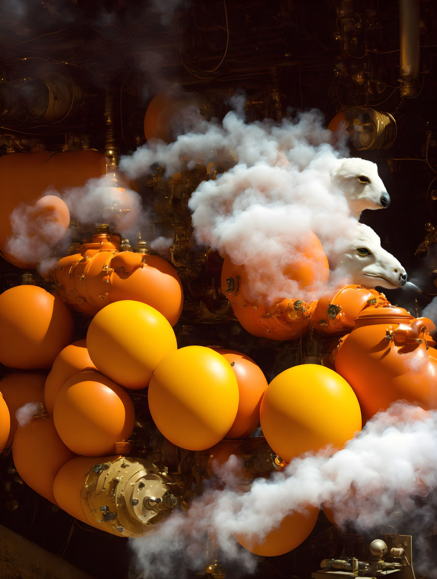 Surreal white wolf heads in smoke above orange tanks and pipes