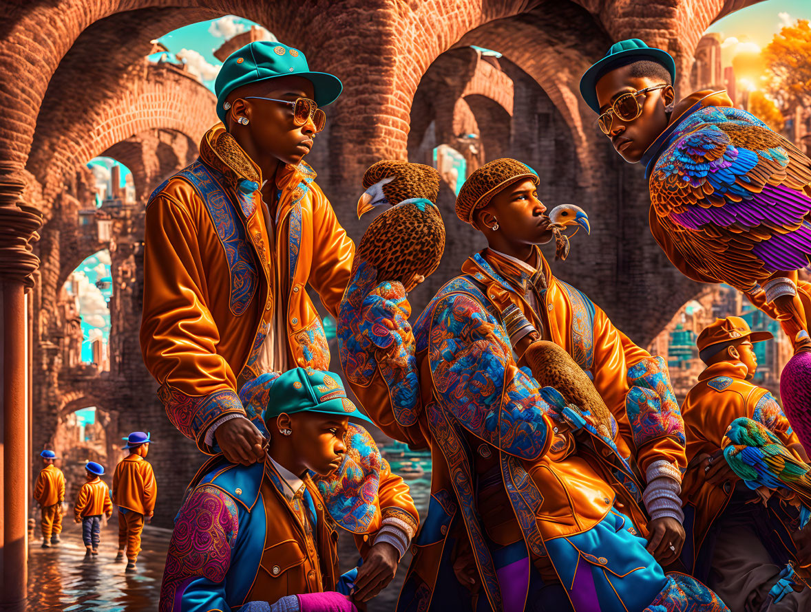 Vibrant orange attire with peacock motifs: Three stylized figures and peacocks among arch