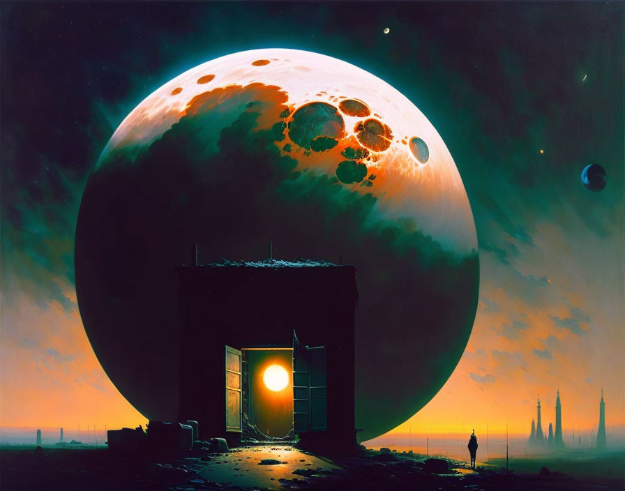 Lone figure by door under large moon, futuristic city silhouettes in distance