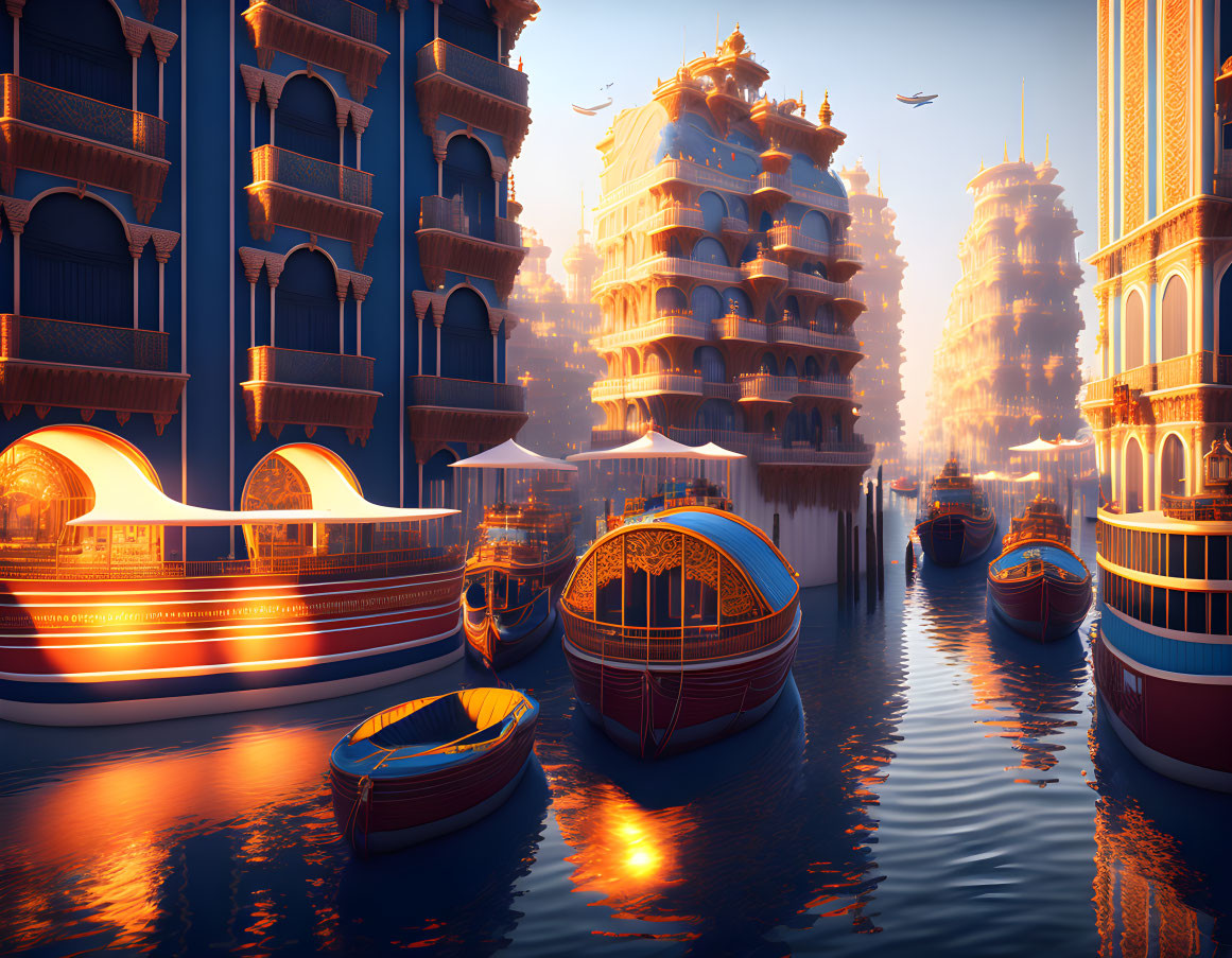 Canal scene with boats and ornate buildings blending Venetian and futuristic architecture.