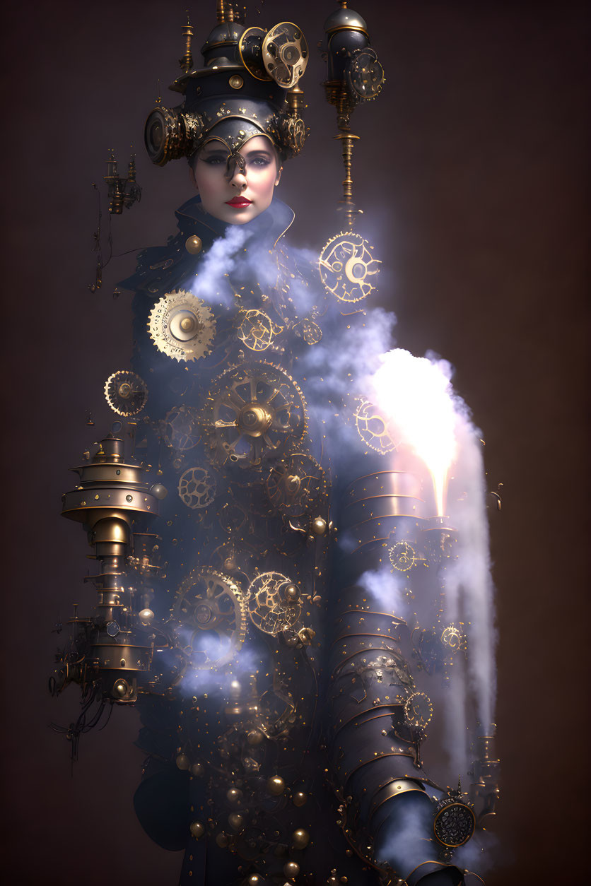 Steampunk-inspired female figure with intricate gears and metallic ornaments