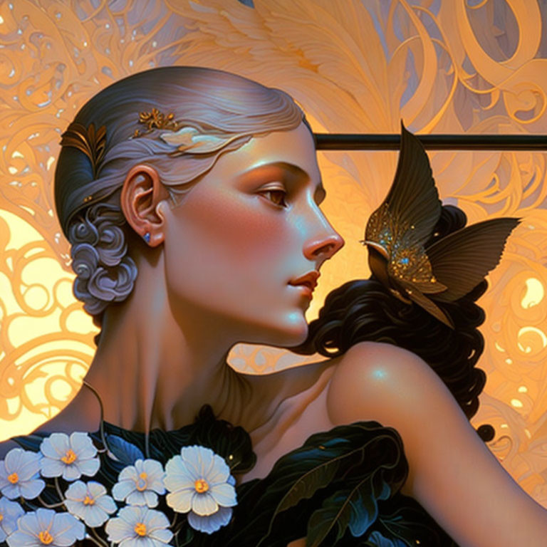 Stylized Art Nouveau-inspired woman with golden ornate elements and bird