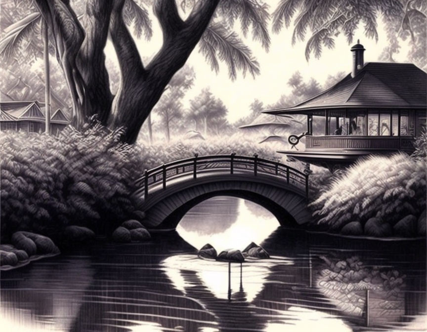 Tranquil black and white gazebo illustration by water with bridge and lush foliage