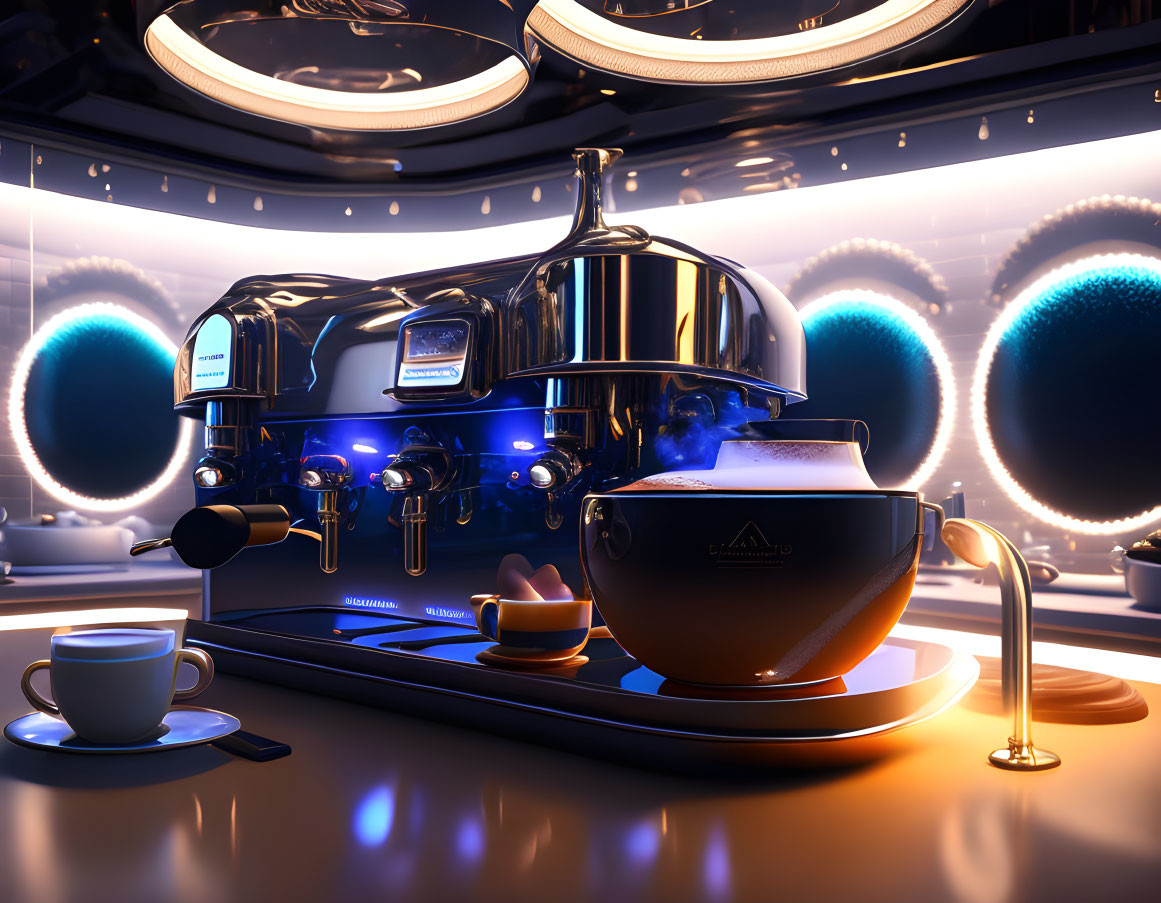 Modern Espresso Machine in Futuristic Cafe Setting with Large Coffee Cup