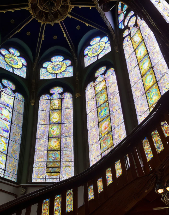 Intricate Stained Glass Windows Illuminate Church Interior