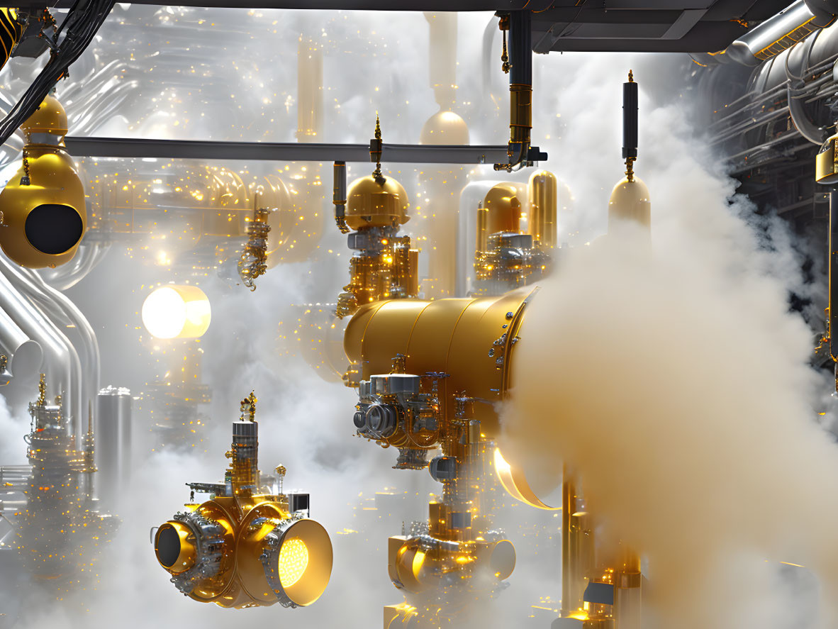 Detailed 3D rendering of industrial scene with golden pipes, glowing lights, and billowing steam