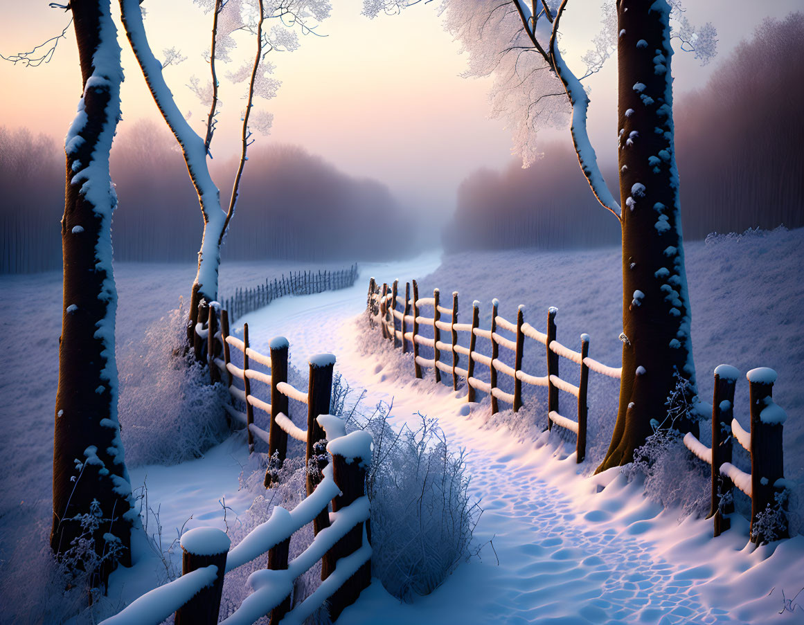 Snowy Dusk Landscape with Trees, Fence, and Footprints