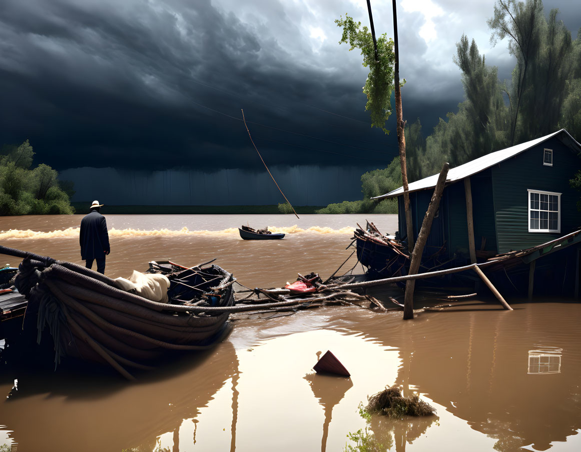 Flooded Area with Submerged Boats and Half-Submerged House