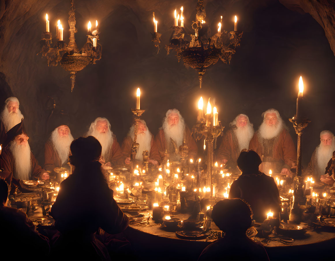 Group of White-Bearded Figures Around Candlelit Table